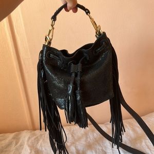 Brian Atwood Pippa Drawstring Small Metallic Gray Pewter Leather Bucket Bag